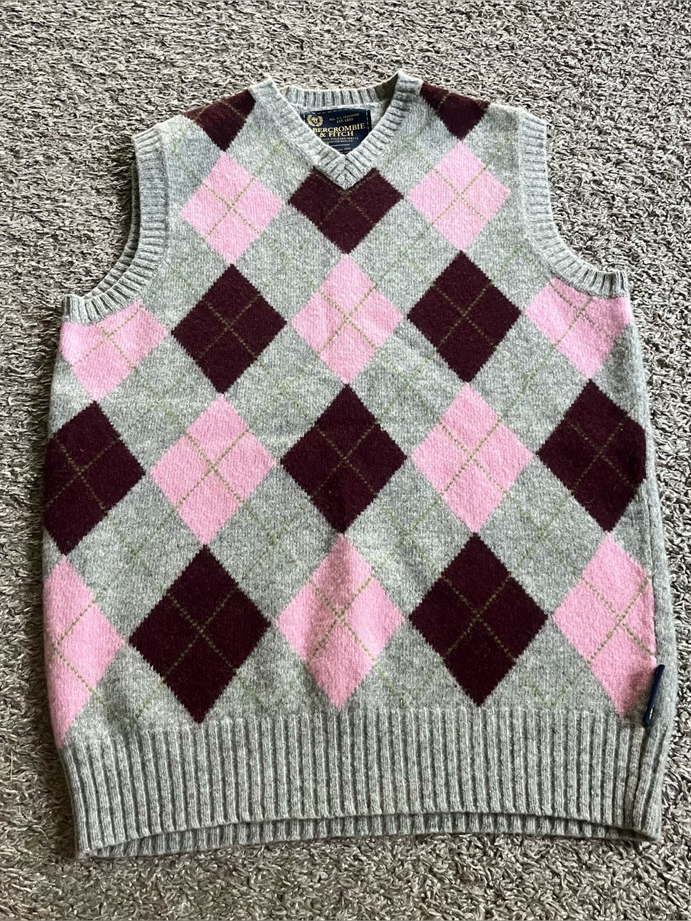 Men's Vintage Abercrombie & Fitch Lambswool Sweater Vest Pink Gray Argyle Preppy